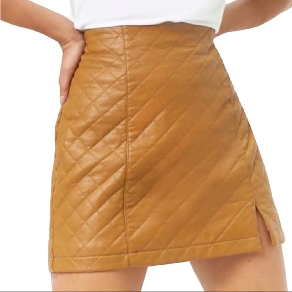 Camel vegan leather quilted mini skirt